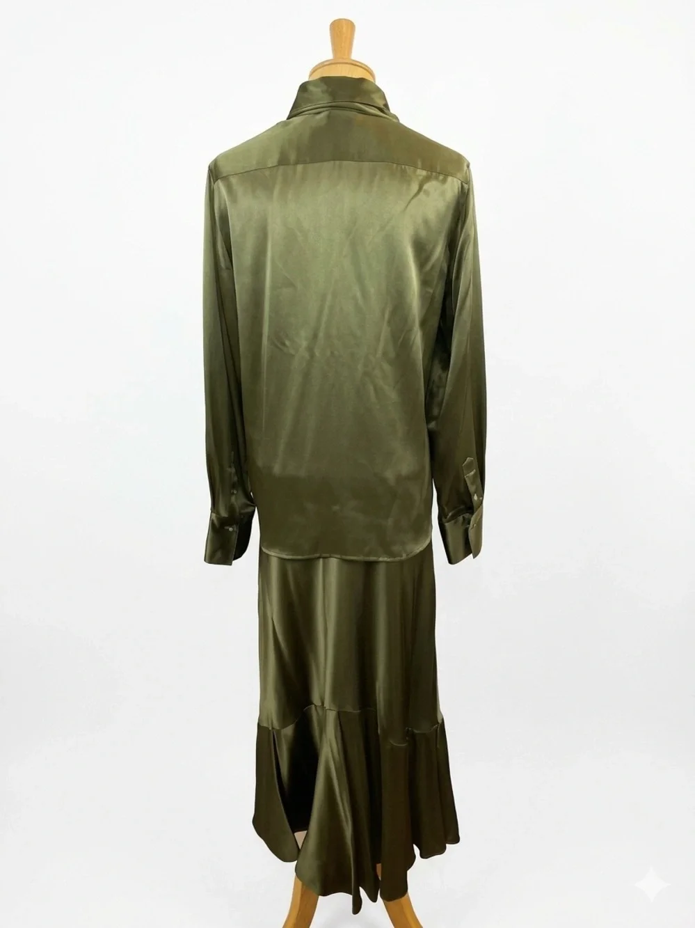 Ralph Lauren olive green 100% silk matching set ruffle flowy skirt vintage y2k